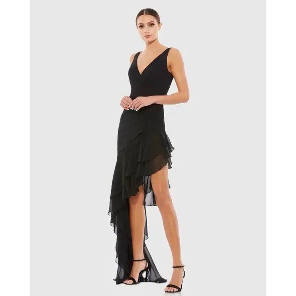 Mac Duggal Black Ruched Ruffle High-Low‎ Evening Gown 49487 Women's Size 4 NEW